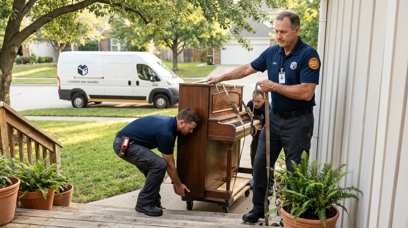 Licensed piano movers securing grand piano in Paullina, IA