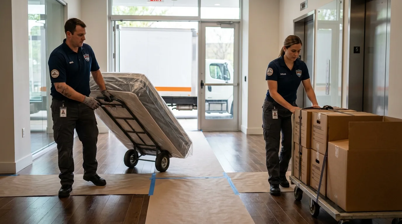 Professional apartment movers loading elevator in Paullina, IA