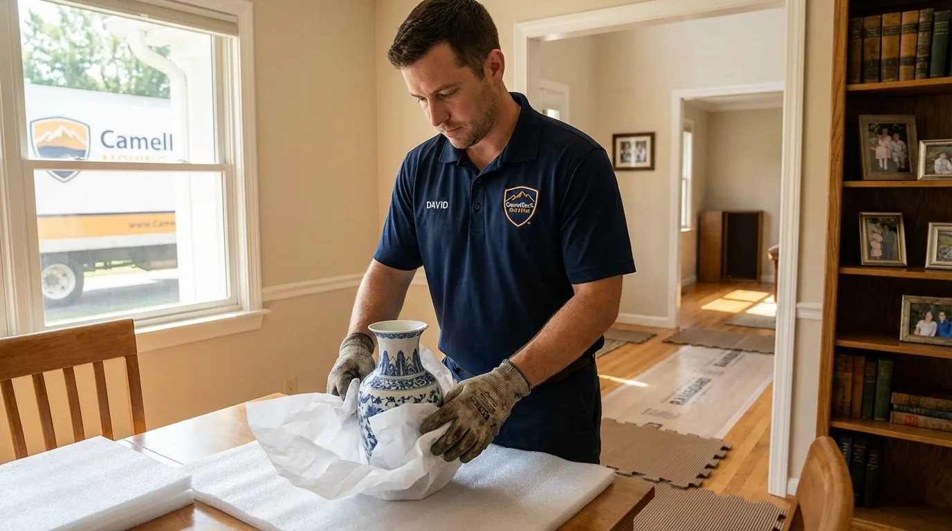Professional crew carefully wrapping antique vase for senior downsizing move in Paullina, IA